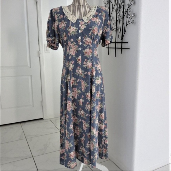 Rare Vintage Y2K Betsey Lauren Floral Cottage Victorian Midi Lace Collar Dress - Picture 2 of 8